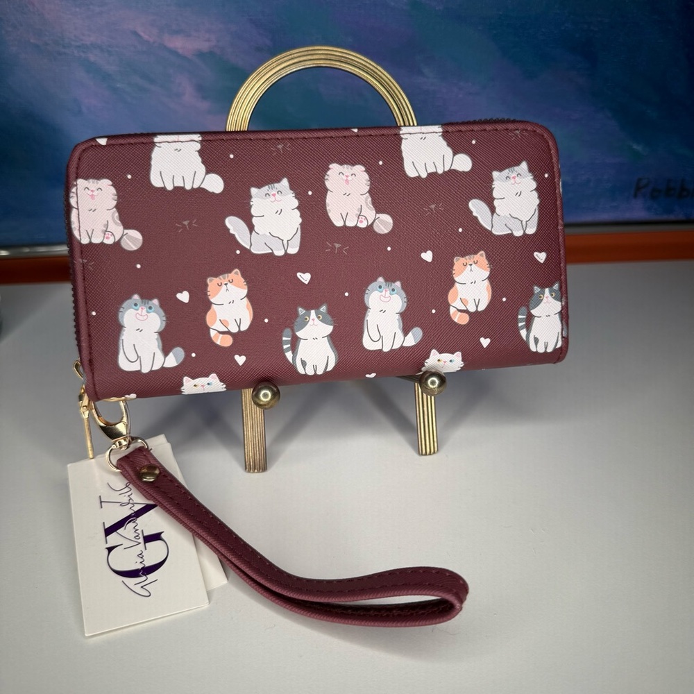 Gloria Vanderbilt Cat Kitties Wallet Clutch Wristlet NWT NEW with Tags Burgundy